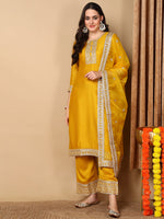 Ahika Women Yellow Silk Blend Embroidered Straight Kurta Pant Set With Dupatta