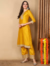 Ahika Women Yellow Silk Blend Embroidered Straight Kurta Pant Set With Dupatta