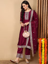 Ahika Women Maroon Silk Blend Embroidered Straight Kurta Pant Set With Dupatta