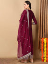 Ahika Women Maroon Silk Blend Embroidered Straight Kurta Pant Set With Dupatta