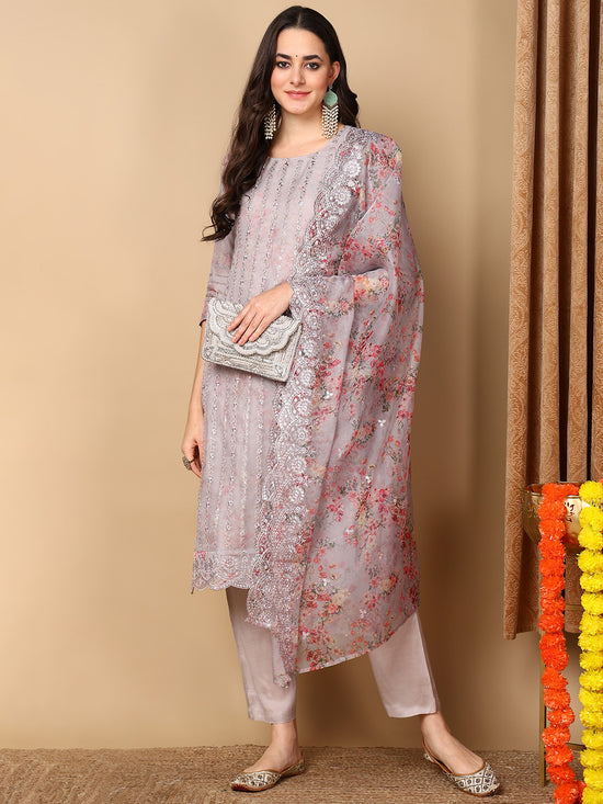 Ahika Women Grey Organza Embroidered Straight Kurta Pant Set With Dupatta