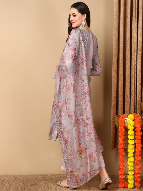 Ahika Women Grey Organza Embroidered Straight Kurta Pant Set With Dupatta