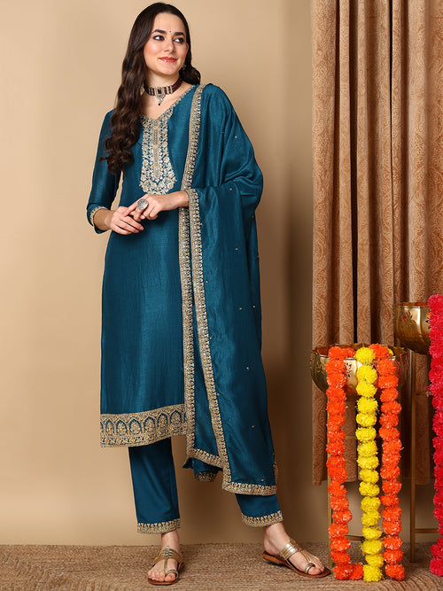 Ahika Women Teal Silk Blend Embroidered Straight Kurta Pant Set With Dupatta