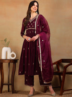 Ahika Women Purple Silk Blend Embroidered A-Line Kurta Pant Set With Dupatta