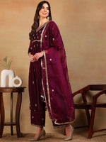 Ahika Women Purple Silk Blend Embroidered A-Line Kurta Pant Set With Dupatta