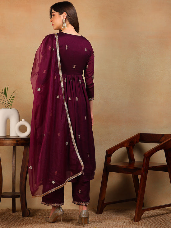 Ahika Women Purple Silk Blend Embroidered A-Line Kurta Pant Set With Dupatta