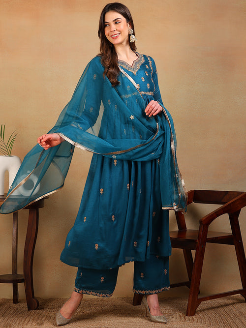 Ahika Women Teal Silk Blend Embroidered A-Line Kurta Pant Set With Dupatta