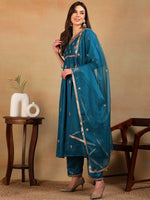 Ahika Women Teal Silk Blend Embroidered A-Line Kurta Pant Set With Dupatta