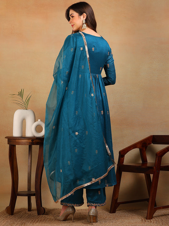 Ahika Women Teal Silk Blend Embroidered A-Line Kurta Pant Set With Dupatta