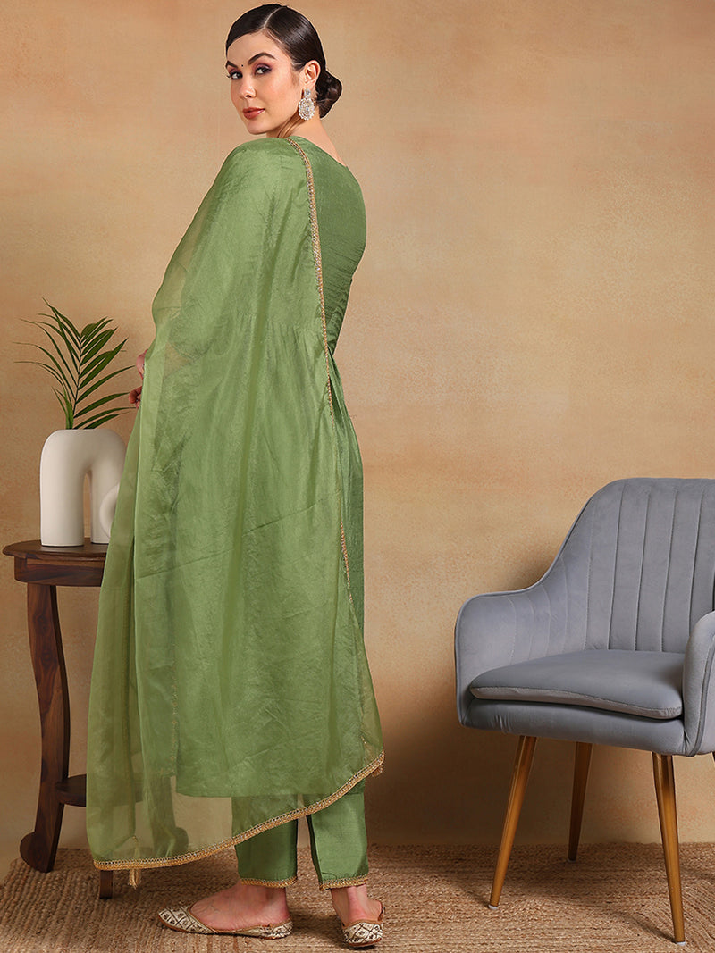 Ahika Women Green Silk Blend Yoke Design Straight Kurta Pant Set With Dupatta