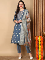 Ahika Women Blue Silk Blend Embroidered Straight Kurta Pant Set With Dupatta
