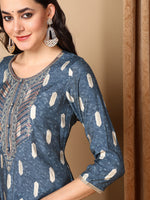 Ahika Women Blue Silk Blend Embroidered Straight Kurta Pant Set With Dupatta