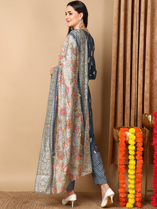 Ahika Women Blue Silk Blend Embroidered Straight Kurta Pant Set With Dupatta