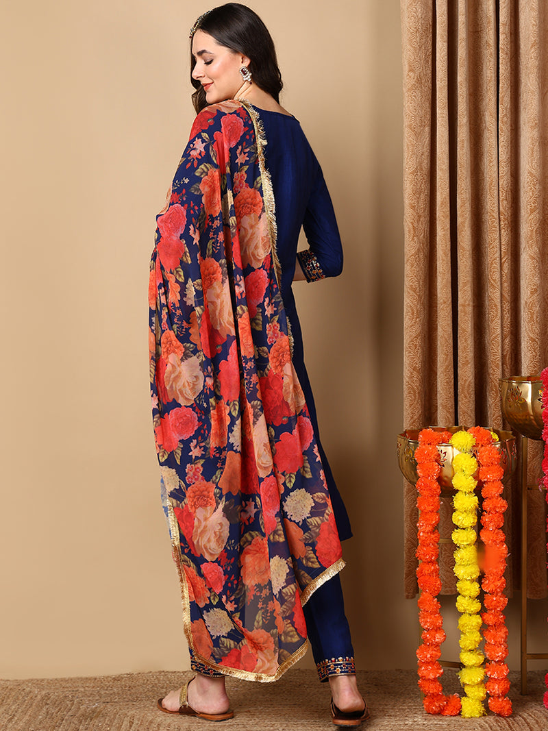 Ahika Women Navy Blue Silk Blend Embroidered Straight Kurta Pant Set With Dupatta