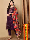 Ahika Women Purple Silk Blend Embroidered Straight Kurta Pant Set With Dupatta-PKSKD2163_XS