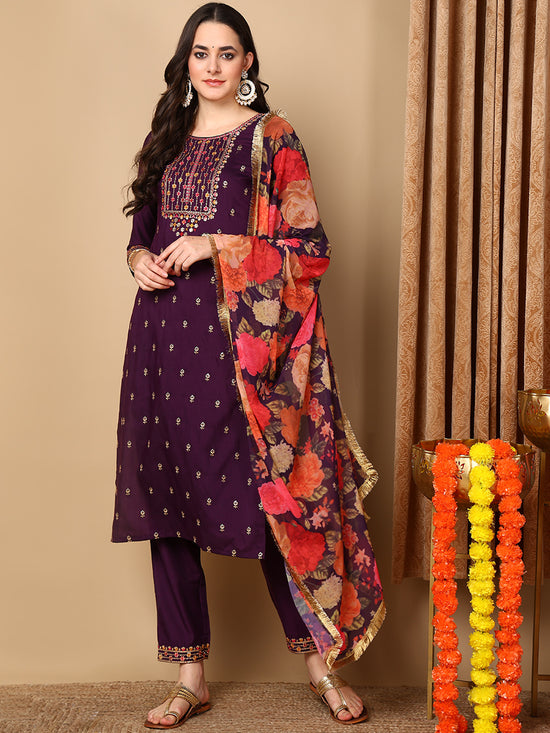 Ahika Women Purple Silk Blend Embroidered Straight Kurta Pant Set With Dupatta