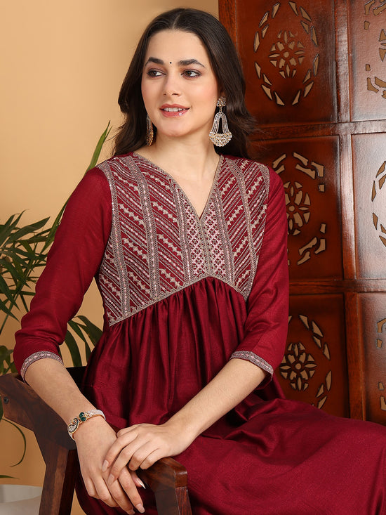 Ahika Women Maroon Silk Blend Embroidered A-Line Kurta Pant Set With Dupatta