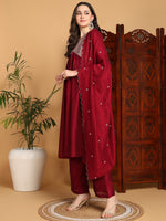 Ahika Women Maroon Silk Blend Embroidered A-Line Kurta Pant Set With Dupatta