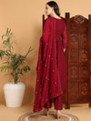 Ahika Women Maroon Silk Blend Embroidered A-Line Kurta Pant Set With Dupatta