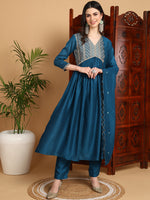 Ahika Women Blue Silk Blend Embroidered A-Line Kurta Pant Set With Dupatta