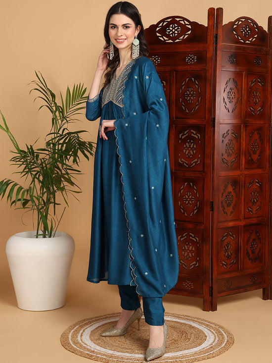 Ahika Women Blue Silk Blend Embroidered A-Line Kurta Pant Set With Dupatta