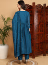 Ahika Women Blue Silk Blend Embroidered A-Line Kurta Pant Set With Dupatta