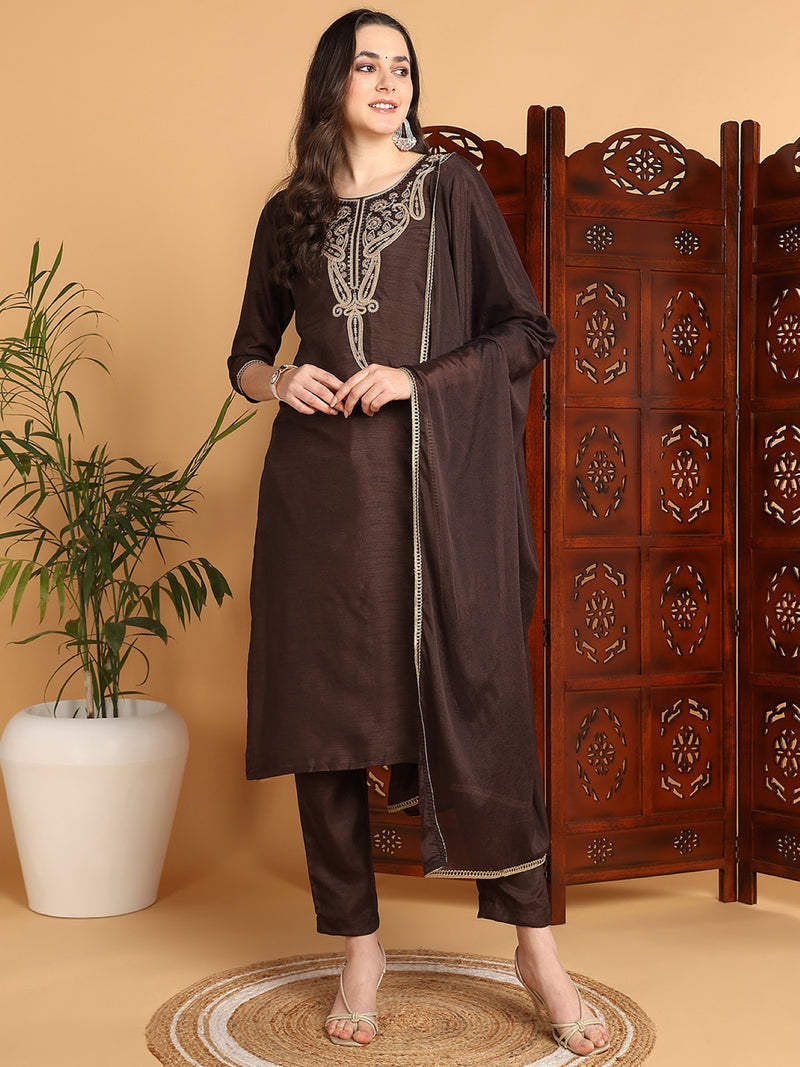 Ahika Women Brown Silk Blend Embroidered Straight Kurta Pant Set With Dupatta