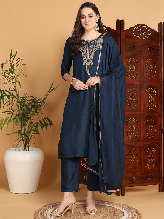 Ahika Women Blue Silk Blend Embroidered Straight Kurta Pant Set With Dupatta