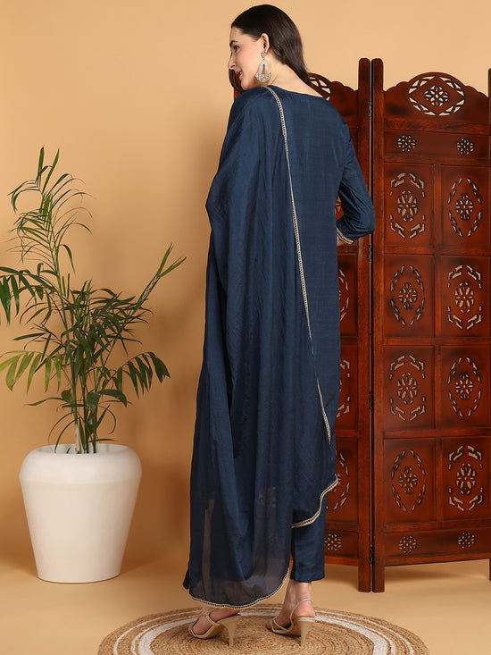 Ahika Women Blue Silk Blend Embroidered Straight Kurta Pant Set With Dupatta