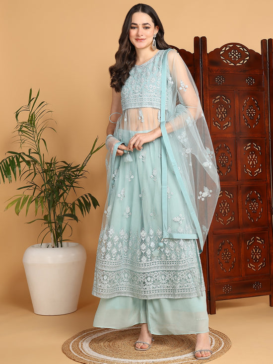 Ahika Women Sea Green Net Embroidered Straight Kurta Sharara Set With Dupatta