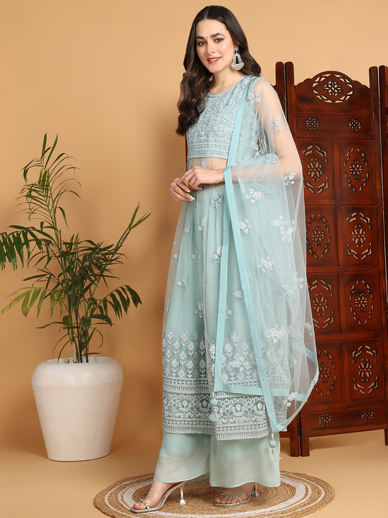 Ahika Women Sea Green Net Embroidered Straight Kurta Sharara Set With Dupatta