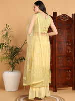 Ahika Women Yellow Net Embroidered Straight Kurta Sharara Set With Dupatta