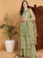 Ahika Women Green Net Embroidered Straight Kurta Sharara Set With Dupatta