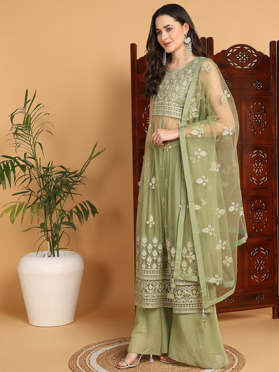 Ahika Women Green Net Embroidered Straight Kurta Sharara Set With Dupatta