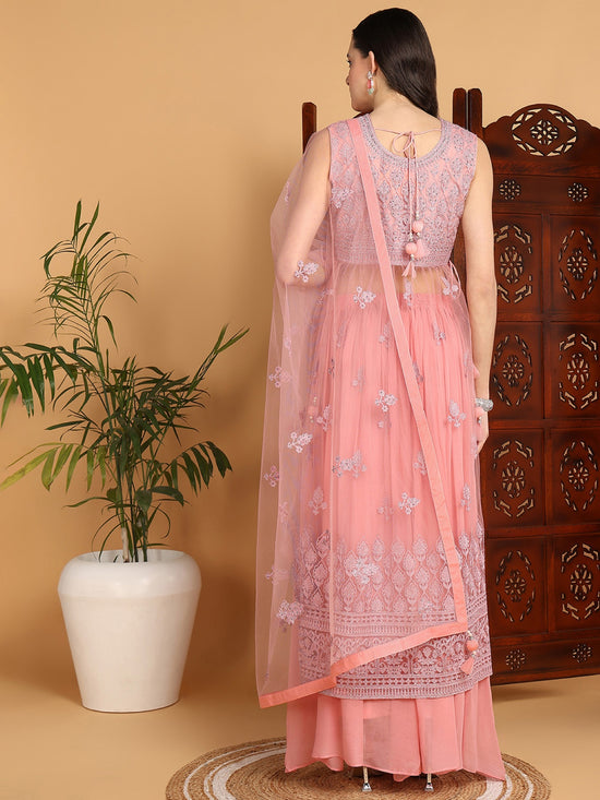 Ahika Women Pink Net Embroidered Straight Kurta Sharara Set With Dupatta