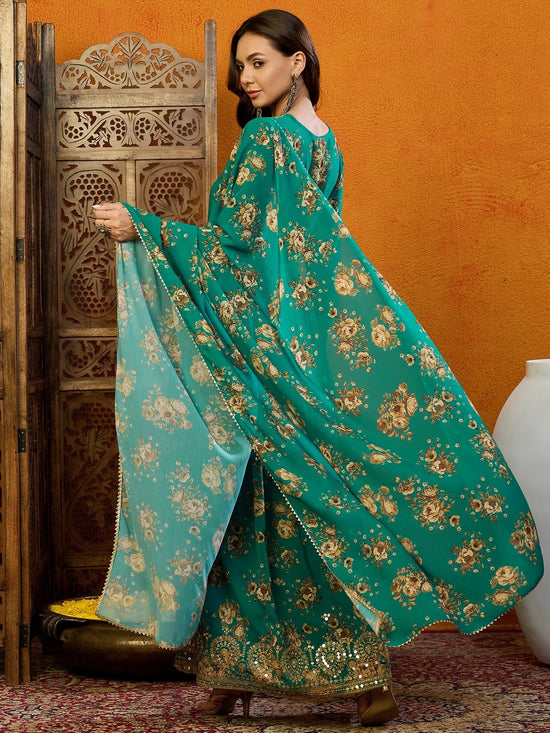 Ahika Polyester Floral Green Indian Ethnic