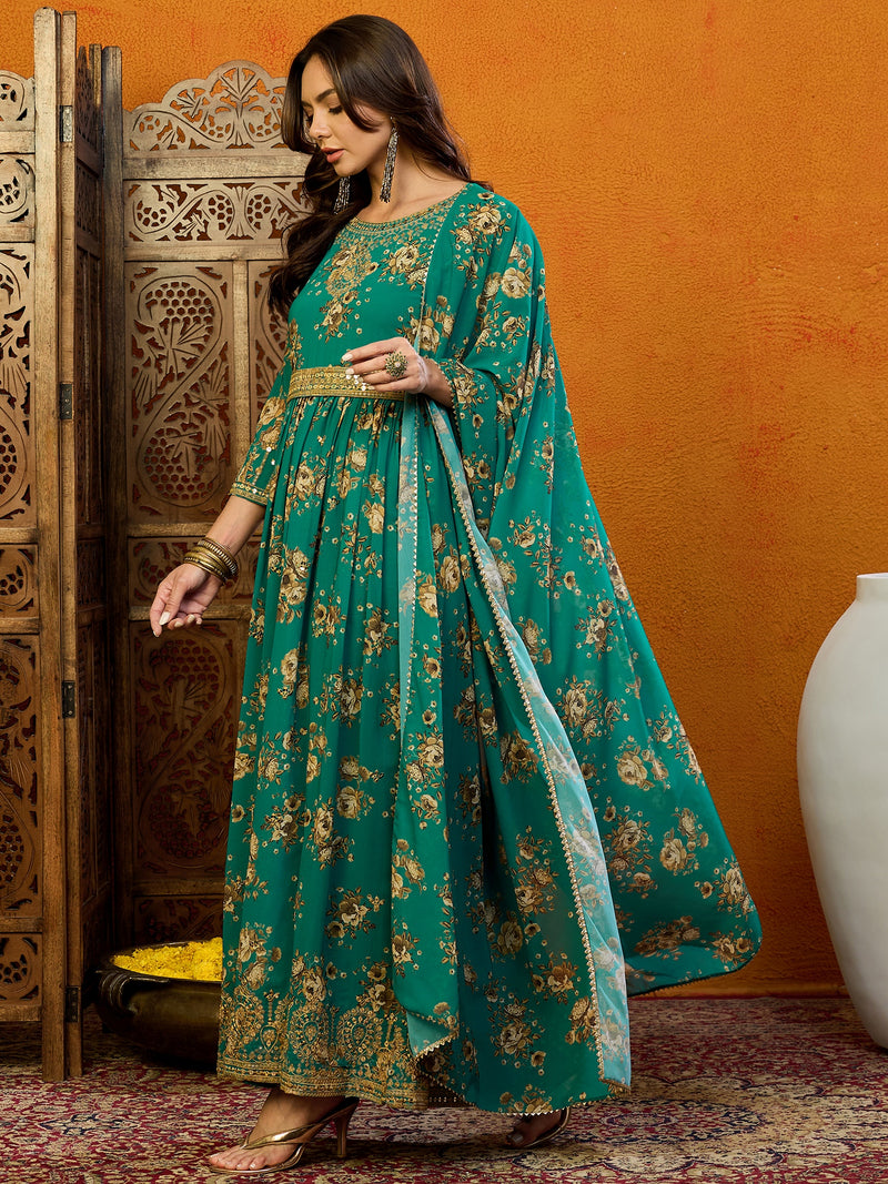 Ahika Polyester Floral Green Indian Ethnic
