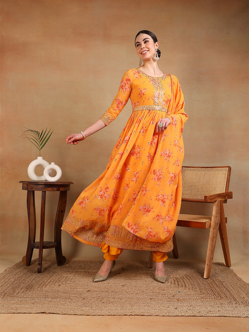 Ahika Women Orange Georgette Printed Anarkali Kurta Pant Set With Dupatta