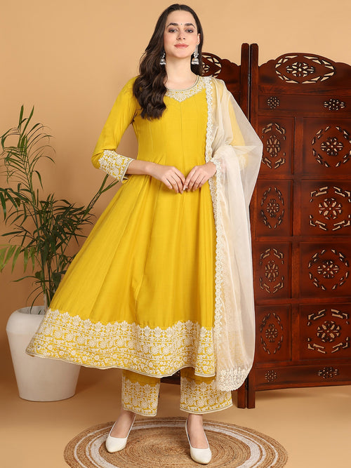 Ahika Women Yellow Silk Blend Embroidered Anarkali Kurta Pant Set With Dupatta