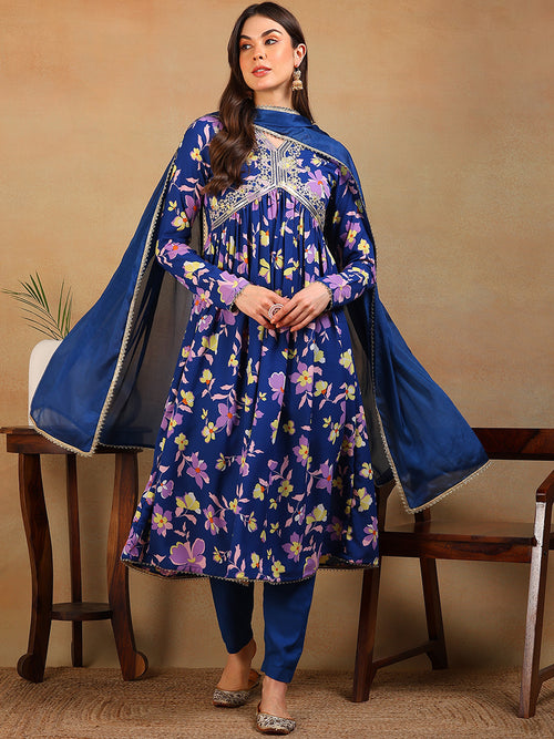 Ahika Women Blue Poly Georgette Printed A-Line Kurta Pant Set With Dupatta