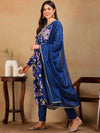 Ahika Women Blue Poly Georgette Printed A-Line Kurta Pant Set With Dupatta