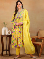 Ahika Women Yellow Poly Georgette Printed A-Line Kurta Pant Set With Dupatta