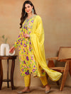 Ahika Women Yellow Poly Georgette Printed A-Line Kurta Pant Set With Dupatta