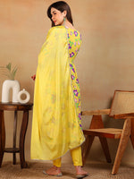 Ahika Women Yellow Poly Georgette Printed A-Line Kurta Pant Set With Dupatta