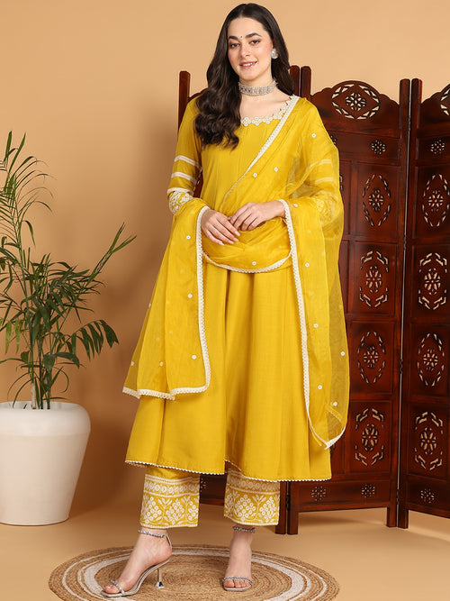 Ahika Women Yellow Silk Blend Embroidered Anarkali Kurta Palazzo Set With Dupatta