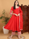 Ahika Women Red Silk Blend Embroidered Anarkali Kurta Palazzo Set With Dupatta