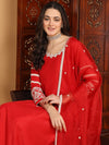 Ahika Women Red Silk Blend Embroidered Anarkali Kurta Palazzo Set With Dupatta