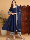 Ahika Women Navy Blue Silk Blend Embroidered Anarkali Kurta Palazzo Set With Dupatta