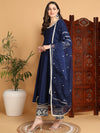 Ahika Women Navy Blue Silk Blend Embroidered Anarkali Kurta Palazzo Set With Dupatta