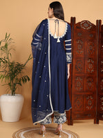 Ahika Women Navy Blue Silk Blend Embroidered Anarkali Kurta Palazzo Set With Dupatta